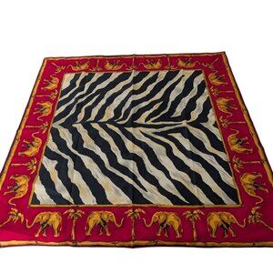 Jim Thompson 100% Silk Scarf Black Red Elephant Zebra Stripe Lightweight Square